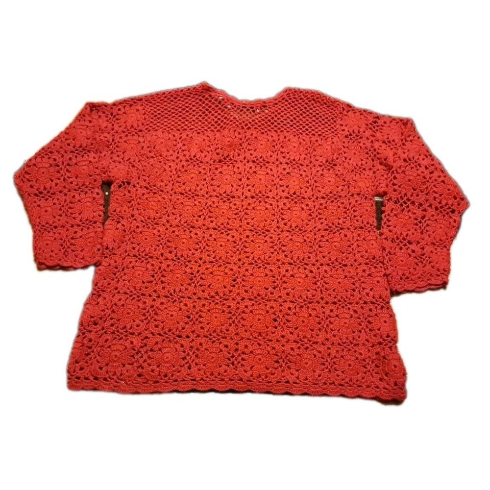 VTG Chaus Woman Crochet Sweater M L Red Open Knit Dolman Sleeves Cottagecore - Picture 6 of 7